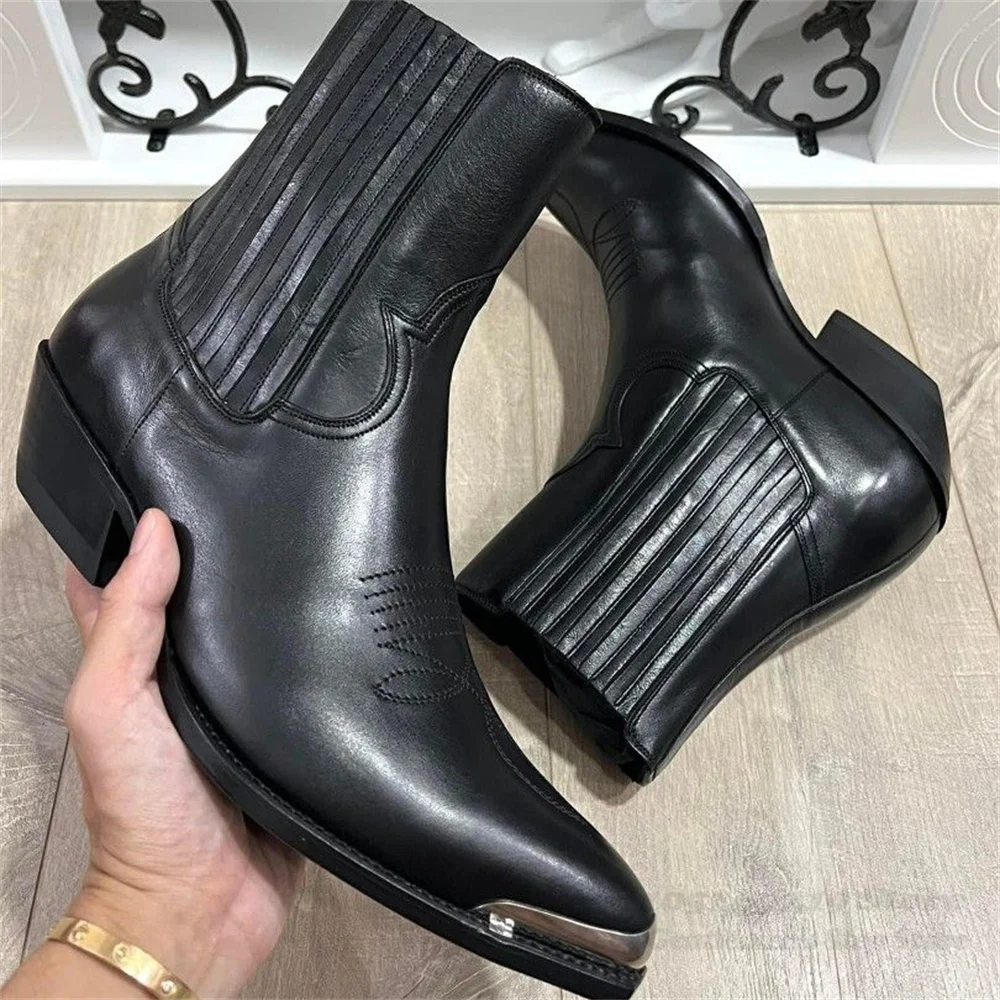 

Metal Toe Chelsea Boot Men Soft Leather Pointed Toe Chunky Heel Winter New Ankle Boots Designer Brand Slip On Men Short Boot