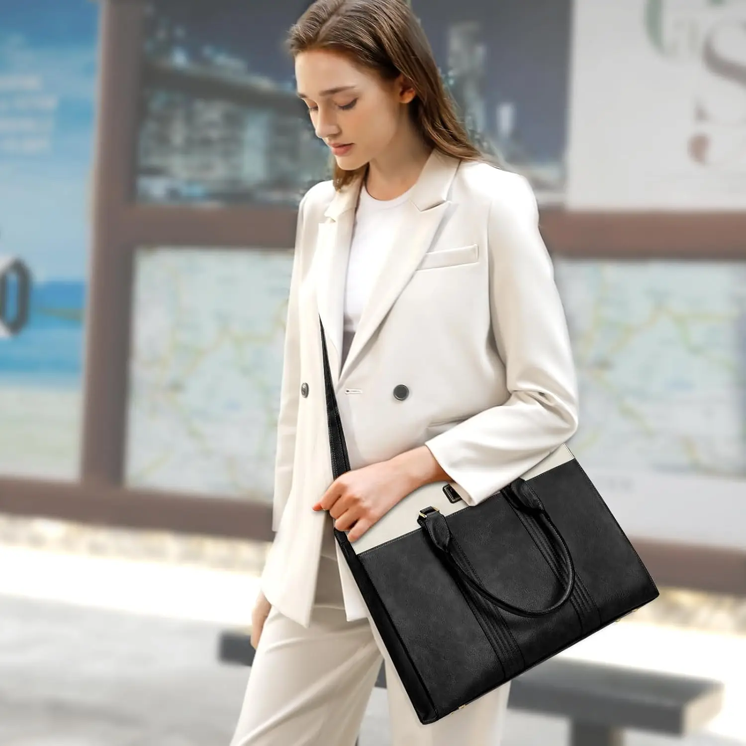 New Women's Bag Waterproof PU Leather Laptop Tote Bag Large Capacity Office Computer Shoulder Briefcase Casual Travel Handbag
