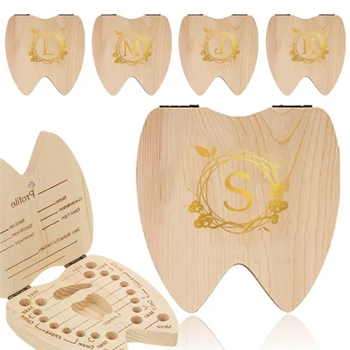 

Wooden Kid Tooth Organizer Children Lost Teeth Saver Box Creative Souvenirs Recording Teeth Information Wreath Letter Pattern