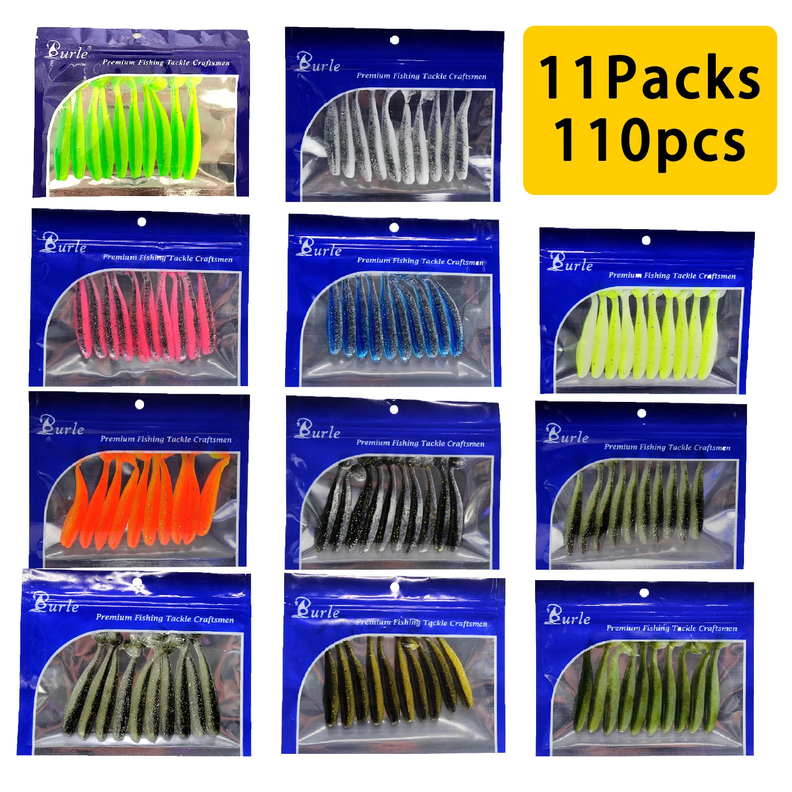 11Packs/110pcs Soft Fishing Lures for Bass, Soft Paddle Tail Fishing Swimbaits Lures, Fishing Baits Kit for Trout Redfish