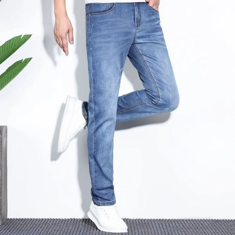 Man Denim Pants Blue Baggy Trousers Man's Adult Clothing Casual Jeans Business Straight Leg Stretch Sportseear Slim Fit Solid
