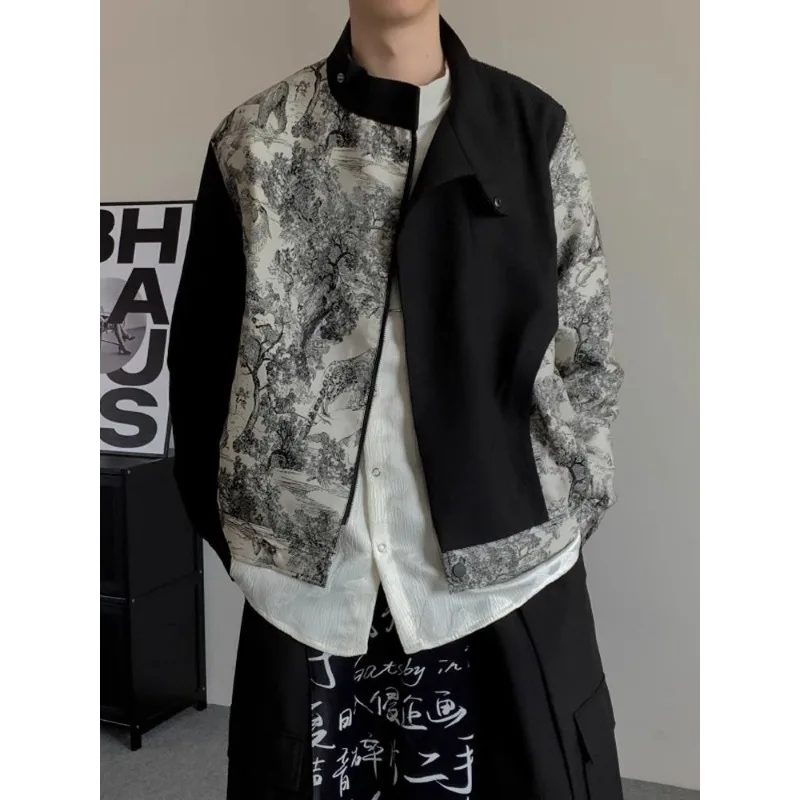 

Juspinice Chinese Style Ink Printing Jacquard Jacket for Men's Spring Stand Collar Long Sleeve Loose Splicing Coat Fashion Top