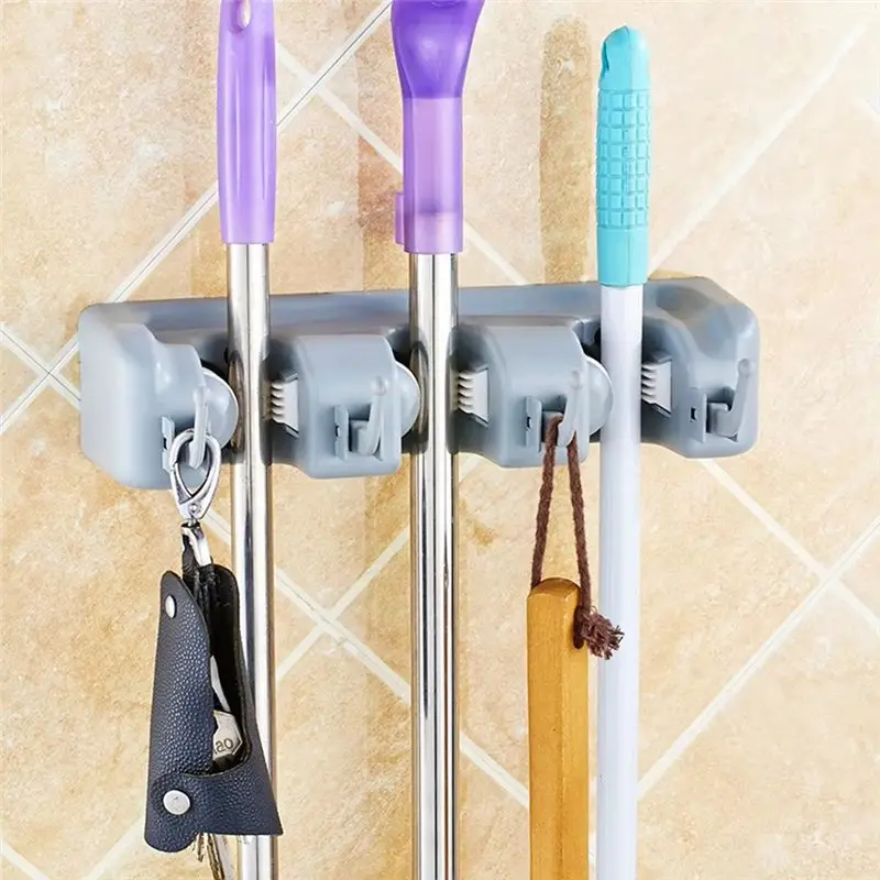 DT39 Mop and Broom Holder Wall Mount with Slots & Hooks Broom Hanger Storage Utility Rack for Home Kitchen Garden Laundry 3 Pack