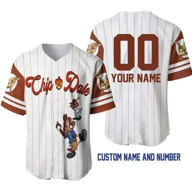 Summer Chip and Dale Striped Brown Baseball Jersey Disney Baseball Jersey Pattern T Shirt Adults Kids Fashion Short Sleeve Top