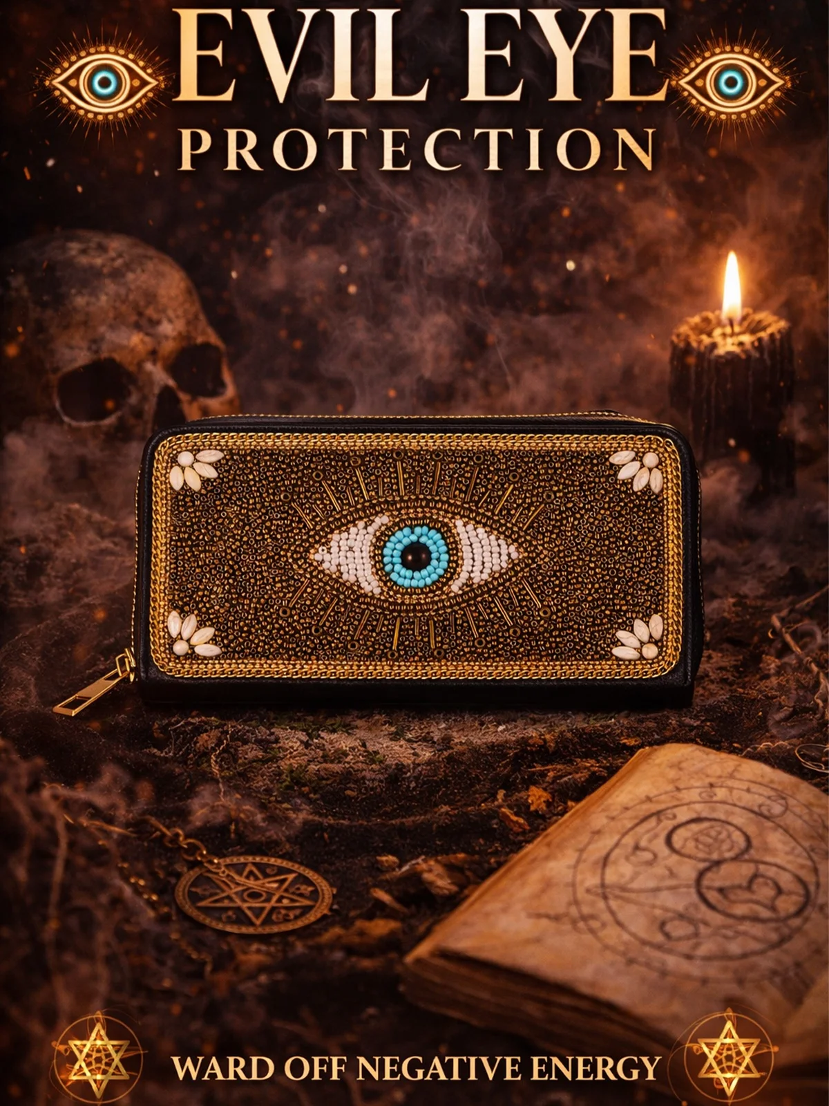 

Boho Beaded Evil Eye Wallet for Women Zipper Long Clutch Purse Handmade Embroidered Card Holder Coin Pocket