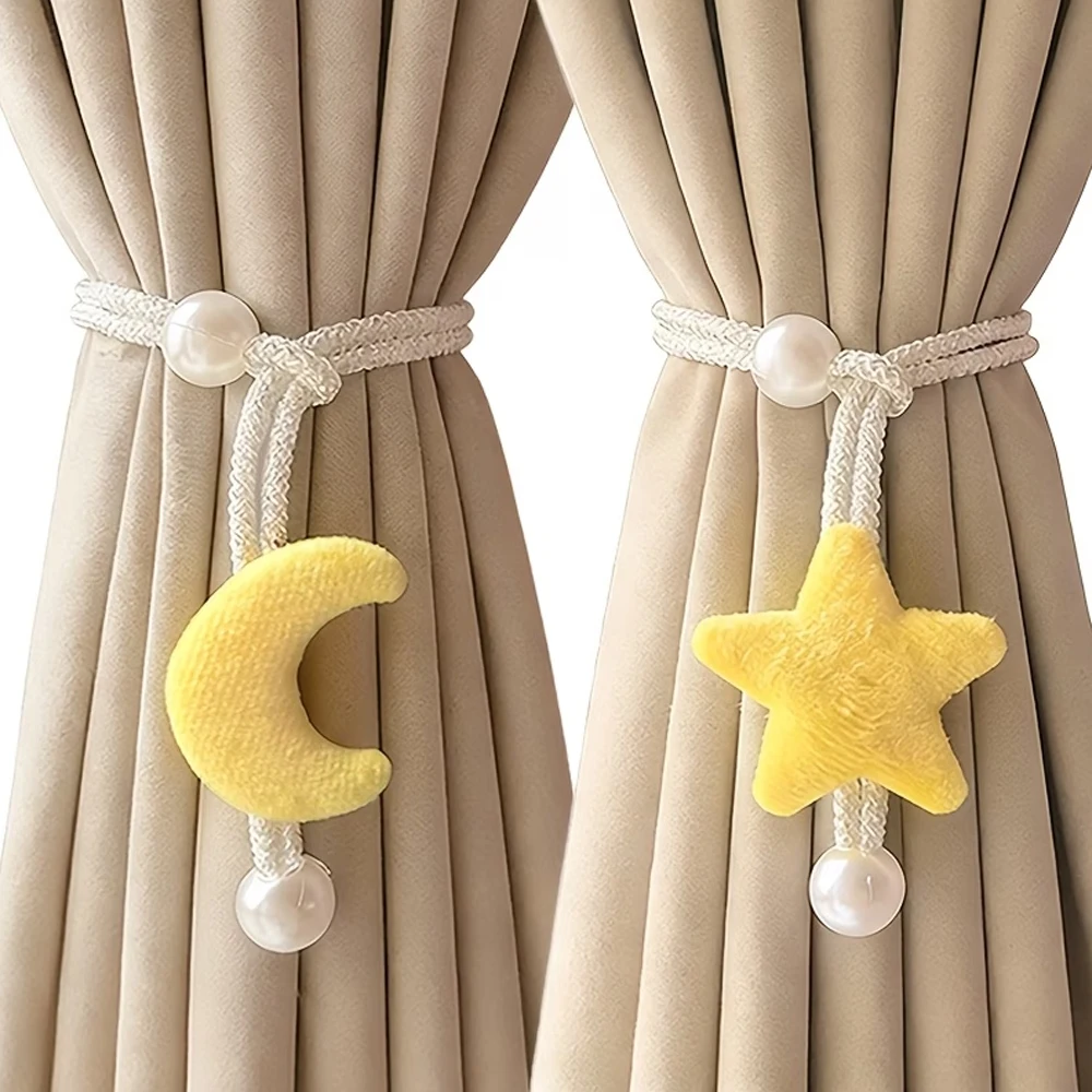 2-piece set of moon and star pattern artificial pearl curtain ties, adjustable, French modern style, window decoration and home decor accessories
