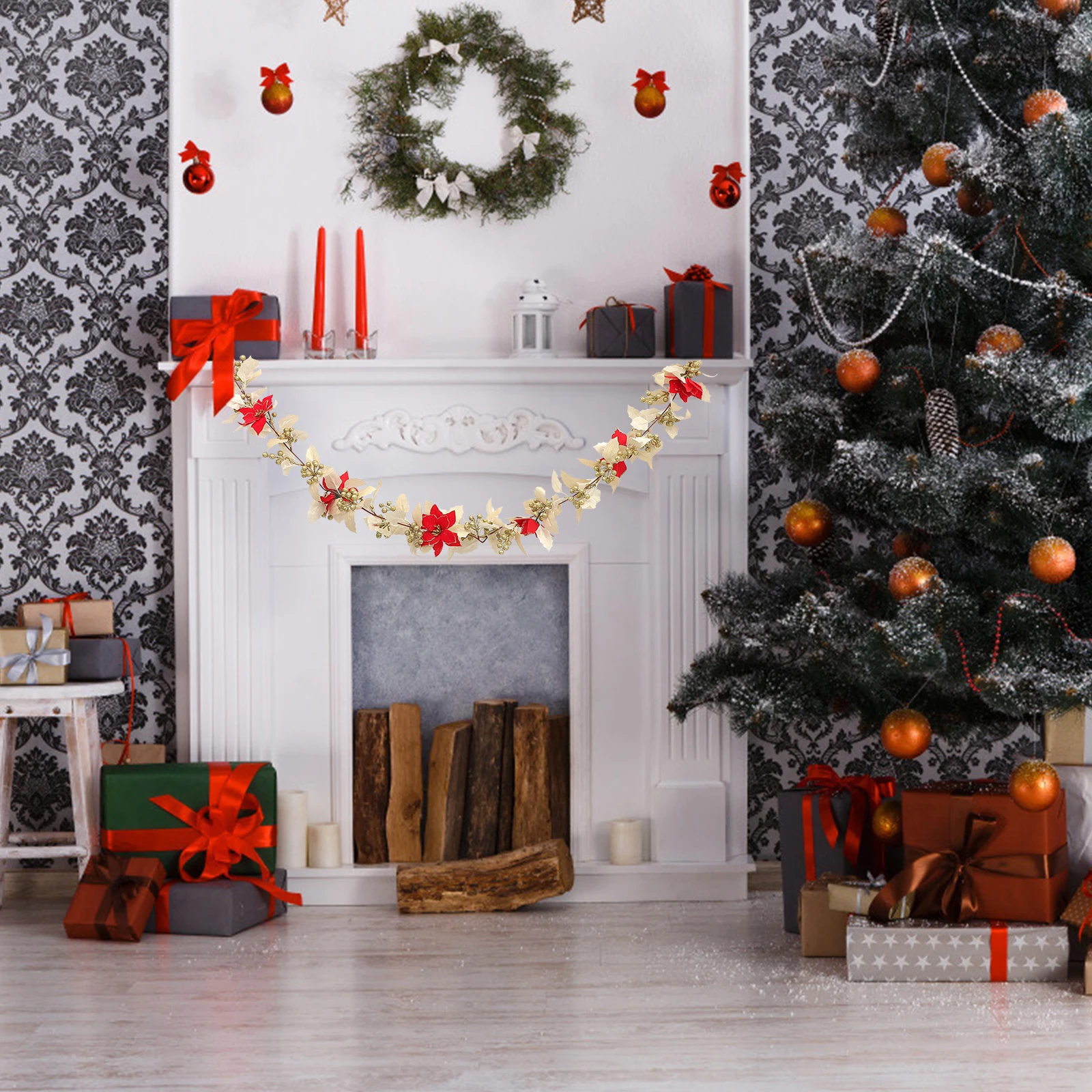 

Christmas Garland 8Ft Shiny Fake Flower Vine Artificial Plant Decor for Christmas Tree Dining Table Holiday Festive Atmosphere