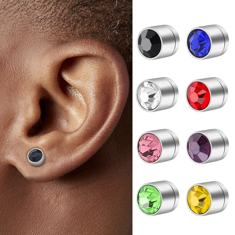 kpop Men\'s Earrings Stainless Steel Magnetic Ear Clip For Men Fake Piercing Multicolor Zircon Clip Earrings Male Accessories