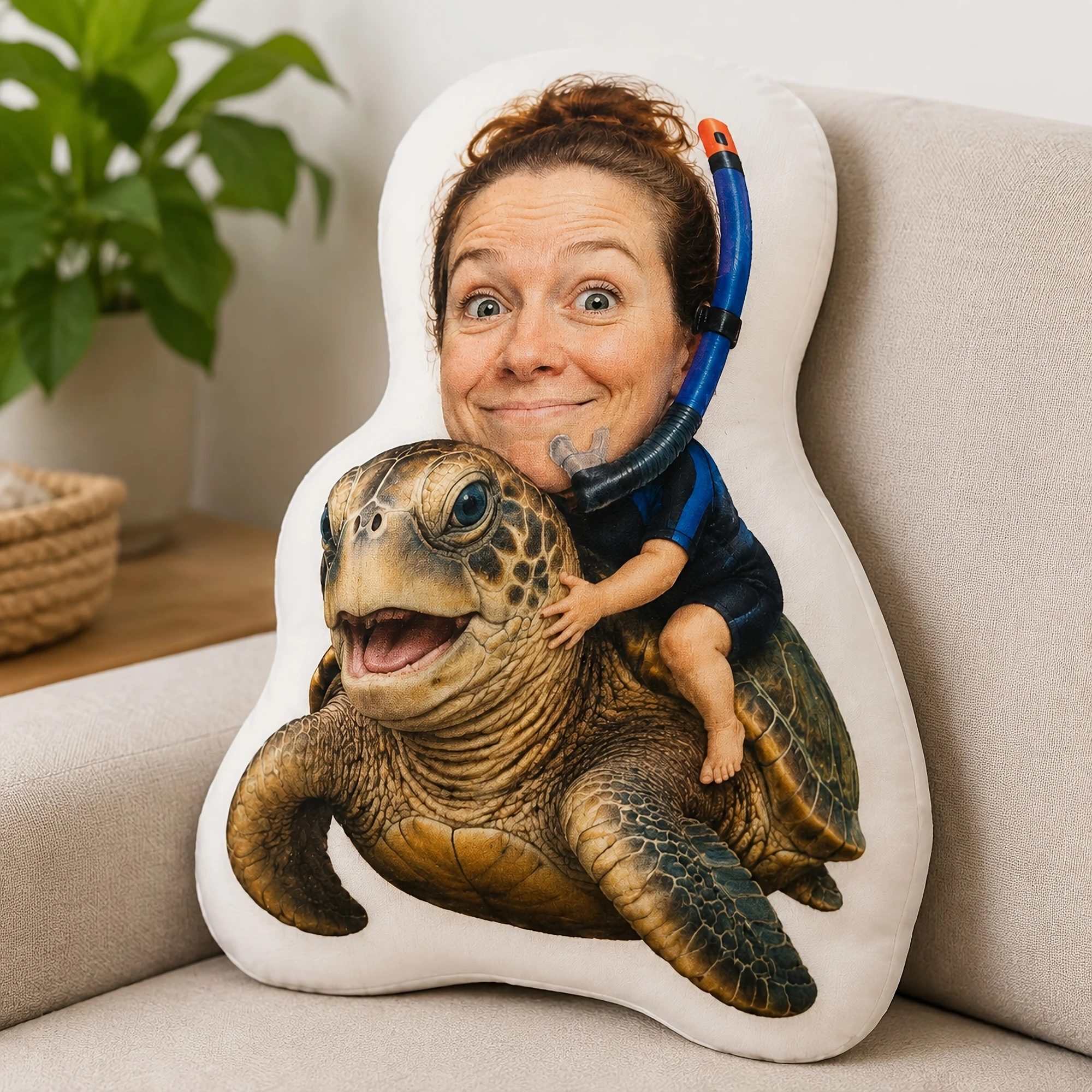 1pc [2D Flat] Custom Double Sided Printed Creative Novelty Shaped Pillow, Funny Scuba Diver and Turtle Design, Decorative Cushio