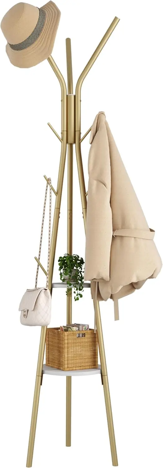 

Freestanding Coat Rack with 2 Shelves and 12 Hooks for Clothes, Hats, Scarves in Gold