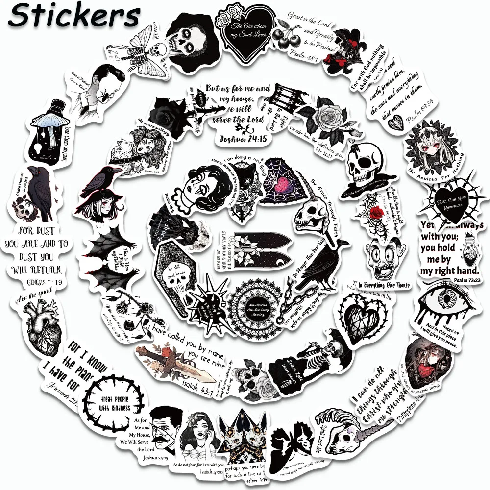 50PCS Gothic Bible Stickers Cool Black White DIY Decals For Envelope Notebooks Laptop Guitar Phone Case Vinyl Graffiti Stickers