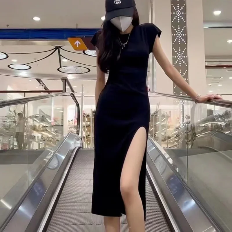 Side Slit Midi Short Sleeve Dress For Women Sexy Club Ladies High Street Y2k Clothes Mujer Ropa Korean Tender Slim Fit Summer