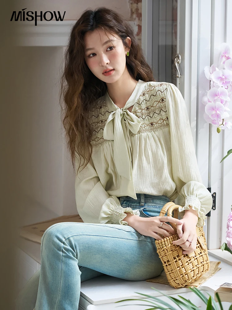 MISHOW Ribbon Collar Shirt for Women Spring 2024 Sweet Cuffs Pleated Embroidered Petal Sleeve Loose Top Office Lady MXD14C0226