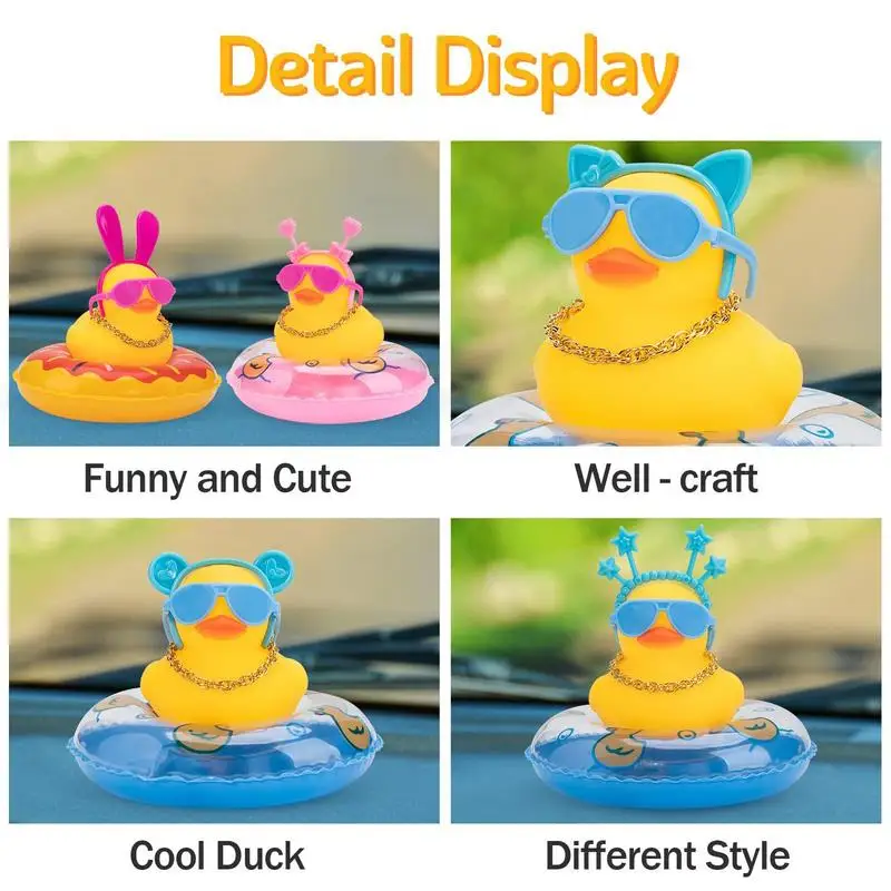 Car Duck Squeak Rubber Duck Toys Dashboard Ornament Cute Car Dashboard Decor With Swim Ring Necklace Sunglasses Headband Car