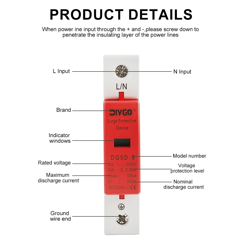 DIY GO AC SPD 1P 10~20KA 20~40KA 30~60KA House Surge Protector Protection Protective Low-voltage Arrester Device 385V