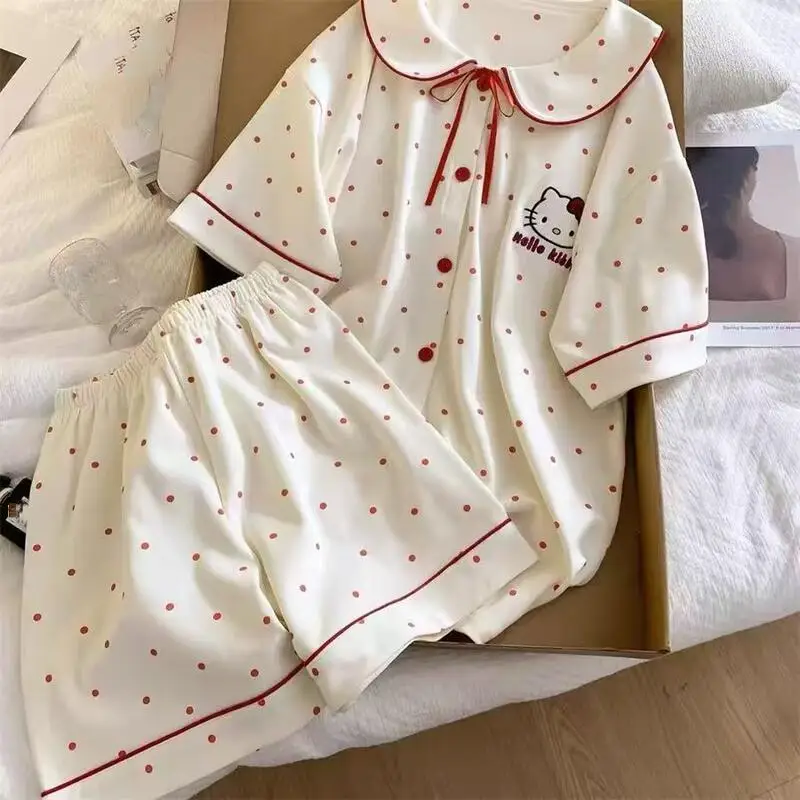 

Sweet and Lovely Girl Polka Dot Short Sleeved Pajama Set Summer New Cartoon Student Home Clothes Fashionable and Comfortable