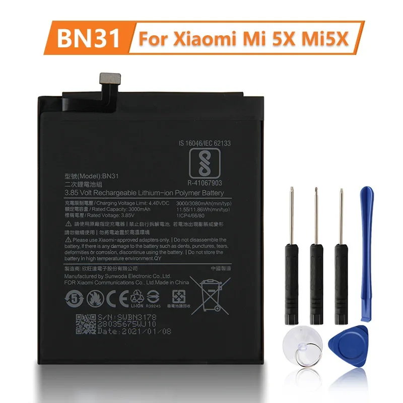 

NEW Replacement Battery BN31 For Xiaomi Mi 5X Mi5X A1 MiA1 Redmi Note 5A Y1 Lite S2 Y1 Y2 Phone Battery 3080mAh