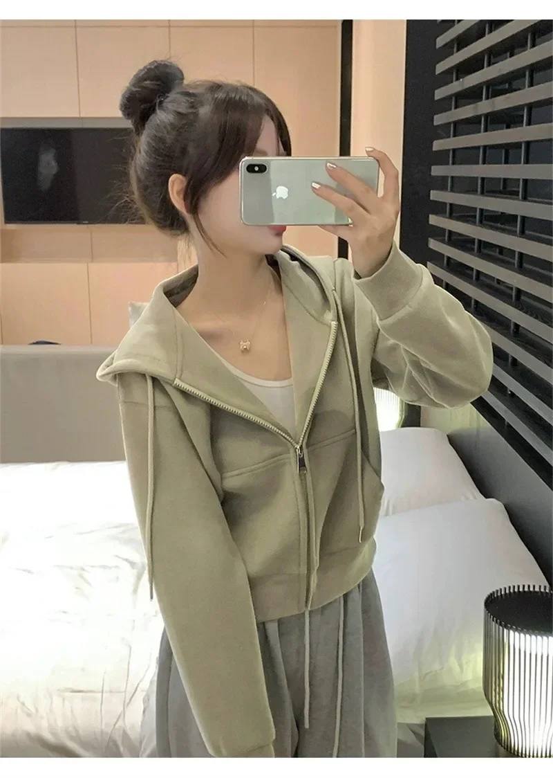 

Korean Style Y2k Autumn White Zip Hoodie Women Korean Style Streetwear Zipper Sport Short Sweatshirt Solid New Fashion