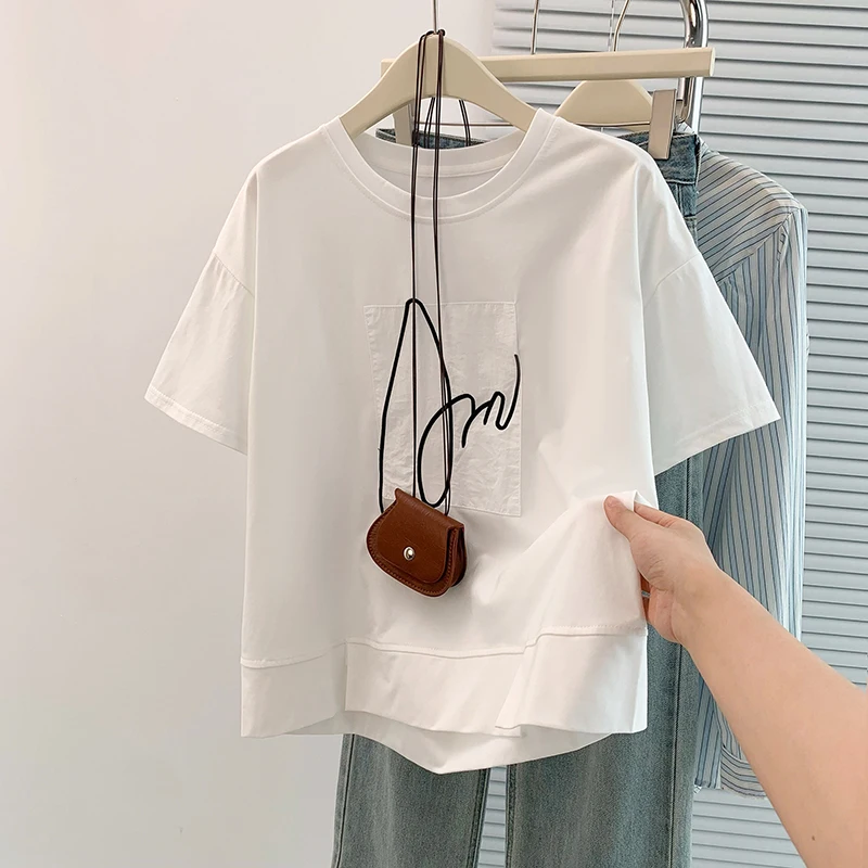 

Summer New plus Size T-irt Embroidered Versatile Slimming Sli Age-Defng High-End Feeling ort Sve Cotton Blend