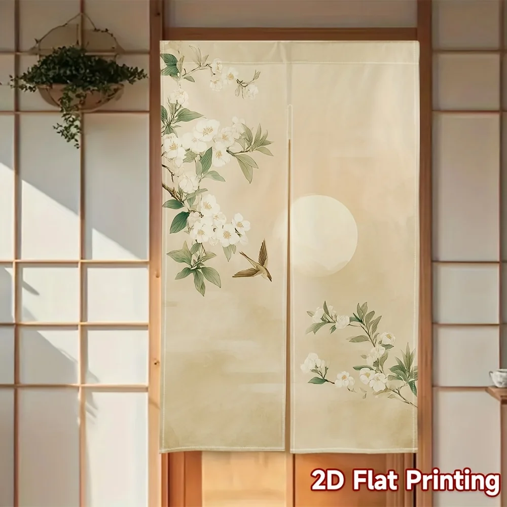 Sunrise Bird Noren Curtain – White Flowers, Flying Bird, Soft Sun, Beige Background, for Home or Tea Room Decor