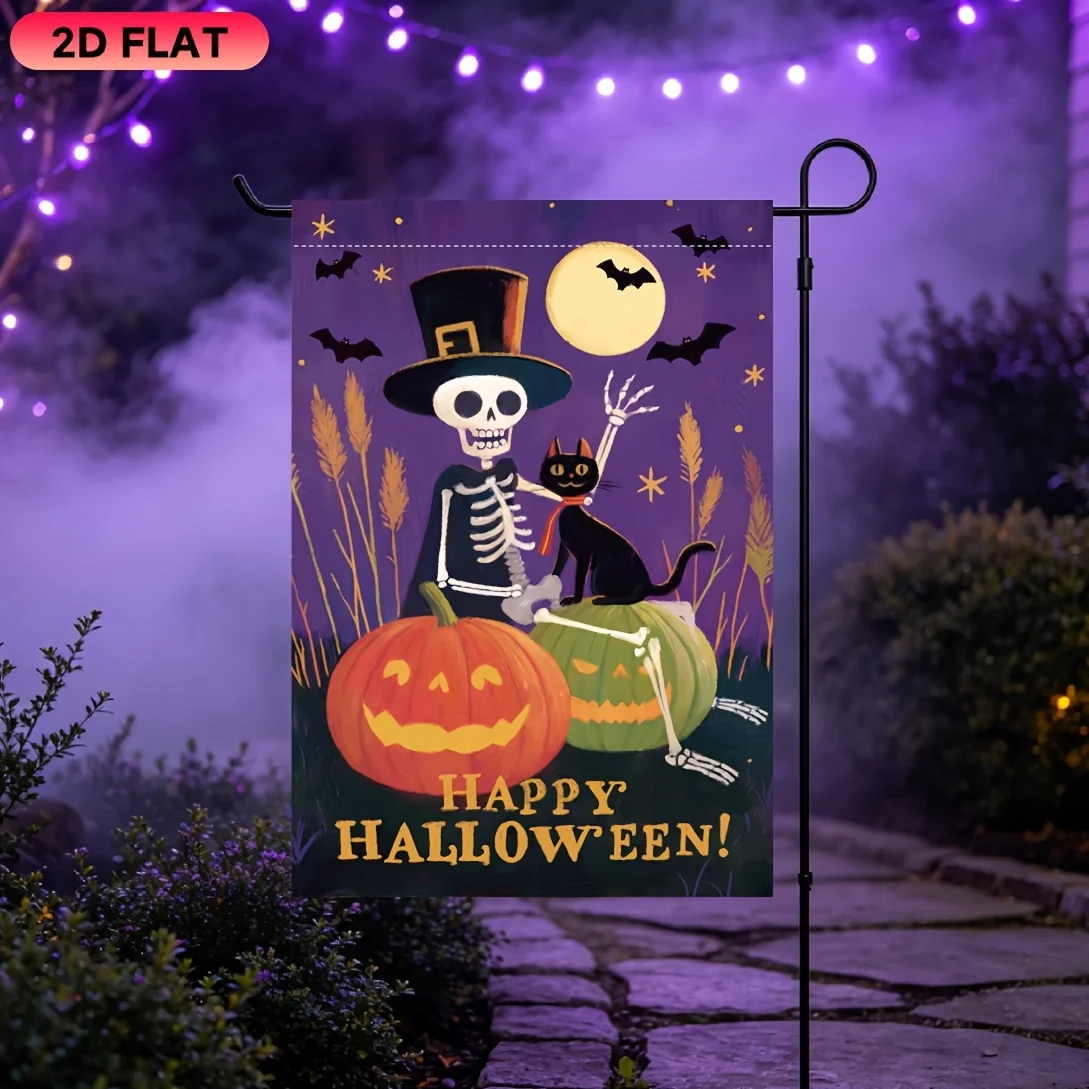 2D Flat Garden Flag 1 Piece, Top Hat Skull Black Cat Pumpkin Garden Flag, Halloween Celebration Flag, Durable Polyester Material, Ideal for Garden, Lawn, Yard, Home, Outdoor, Beach Decoration Flags, Halloween Day Celebration Decoration Flags