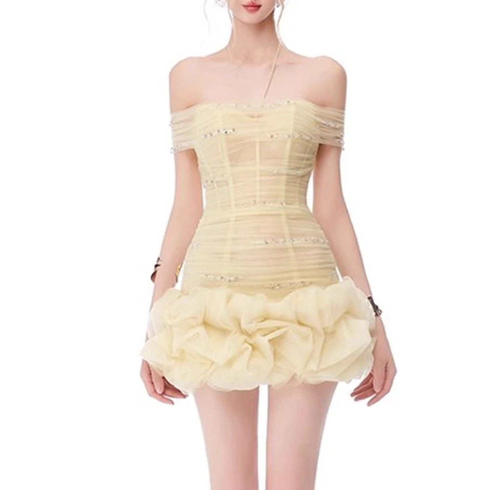TWOTWINSTYLE Slimming Sheer Spliced Folds Sexy Mini Dresses for Women Halter Off Shoulder Patchwork Diamond Dress Female Fashion