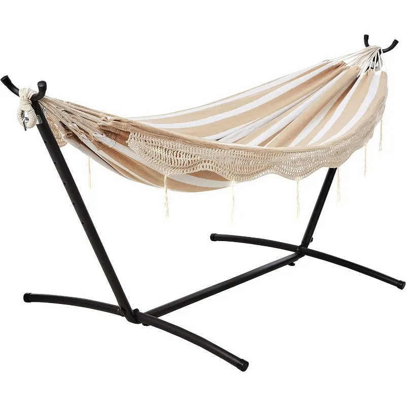 

Double Hammock with 9-Foot Space Saving Steel Stand and Carrying Case, 450 lb Capacity, Beige Stripe with Lace