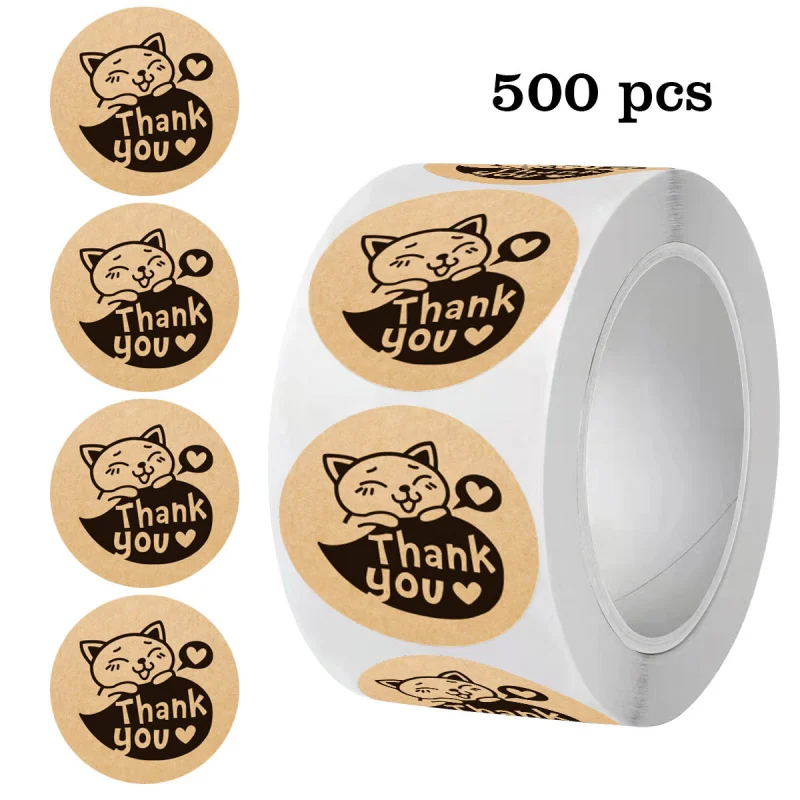 500 uds/rollo de pegatinas de agradecimiento de gato y corazón, etiquetas de sellado de sobres Kraft DIY para hornear postre de pasteles, decoración de regalos de vacaciones