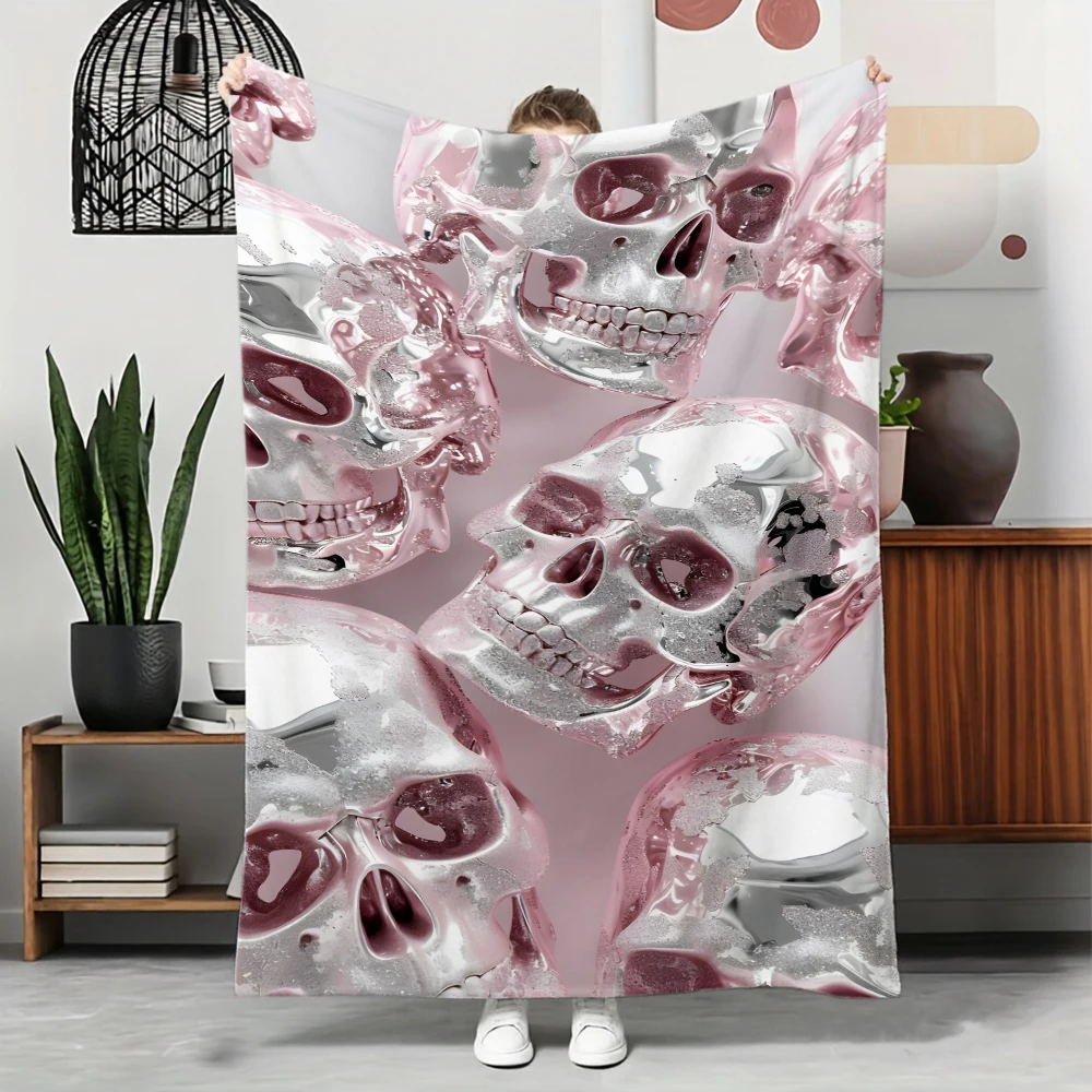 2D Skull Blanket Y2K Punk Pink Silver Liquid Metal Throw Blankets Gothic Cool Bed Sofa Cover Gothic Room Decor Aesthetic