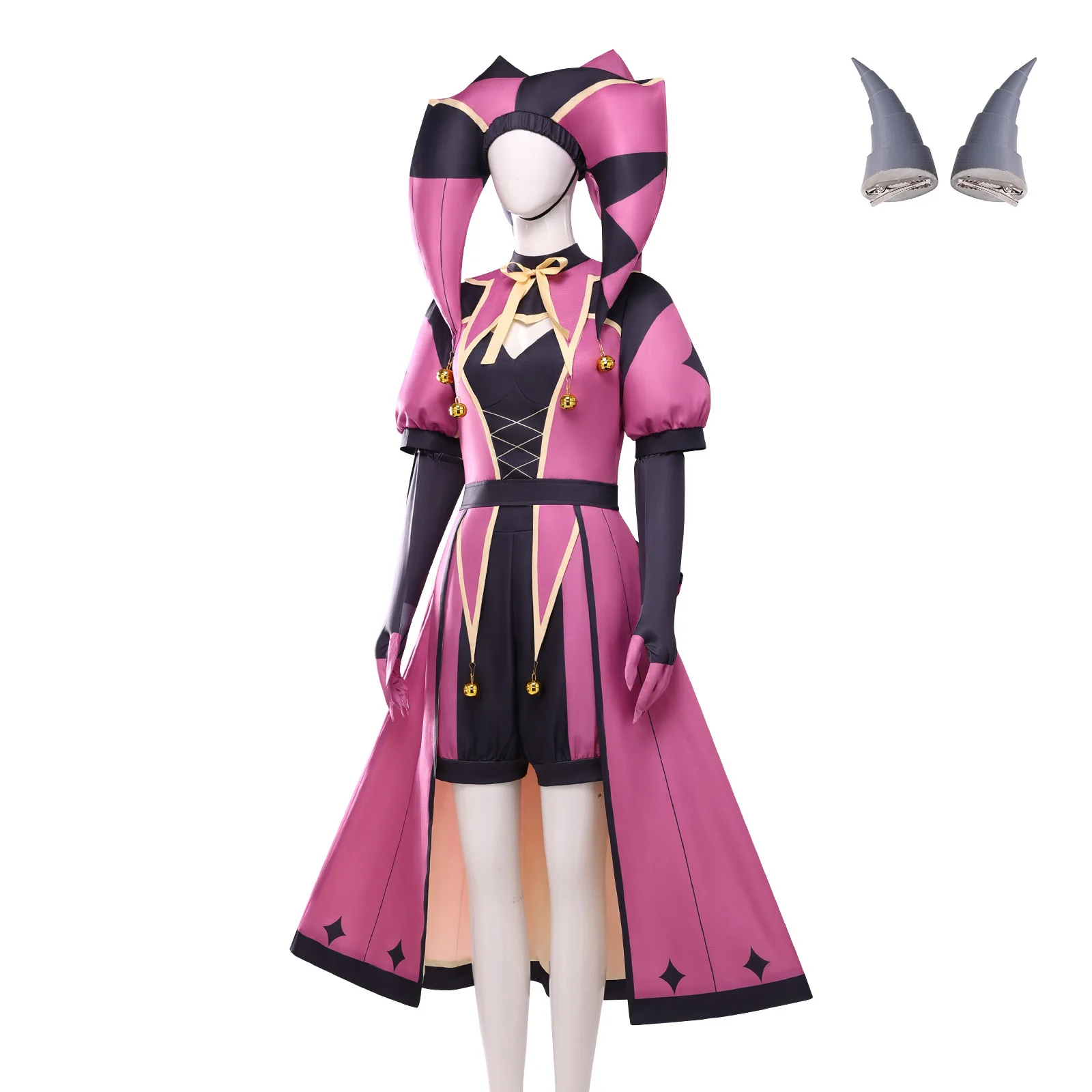 Women Freak Circus Columbina Pink Clown Cosplay Costume, Yandere Horror Scary Halloween Outfit, Circus Ticket Print Themed Suit view 5