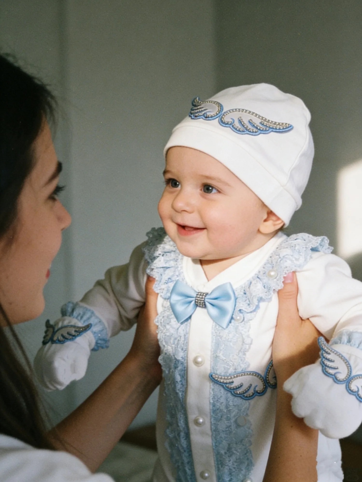 Newborn White Blue Angel Wings Outfit - Full Set with Laurel Embroidery & Evil Eye Accessory - for Baptism, Baby Shower Gift