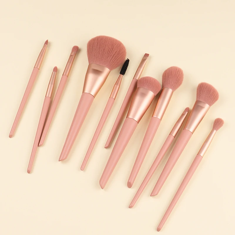 No logo Synthetic Hair Thickened Aluminum Tube Solid Wood Handle 11Pcs Pink Series Makeup Brush Set Factory Wholesale Spot Sale