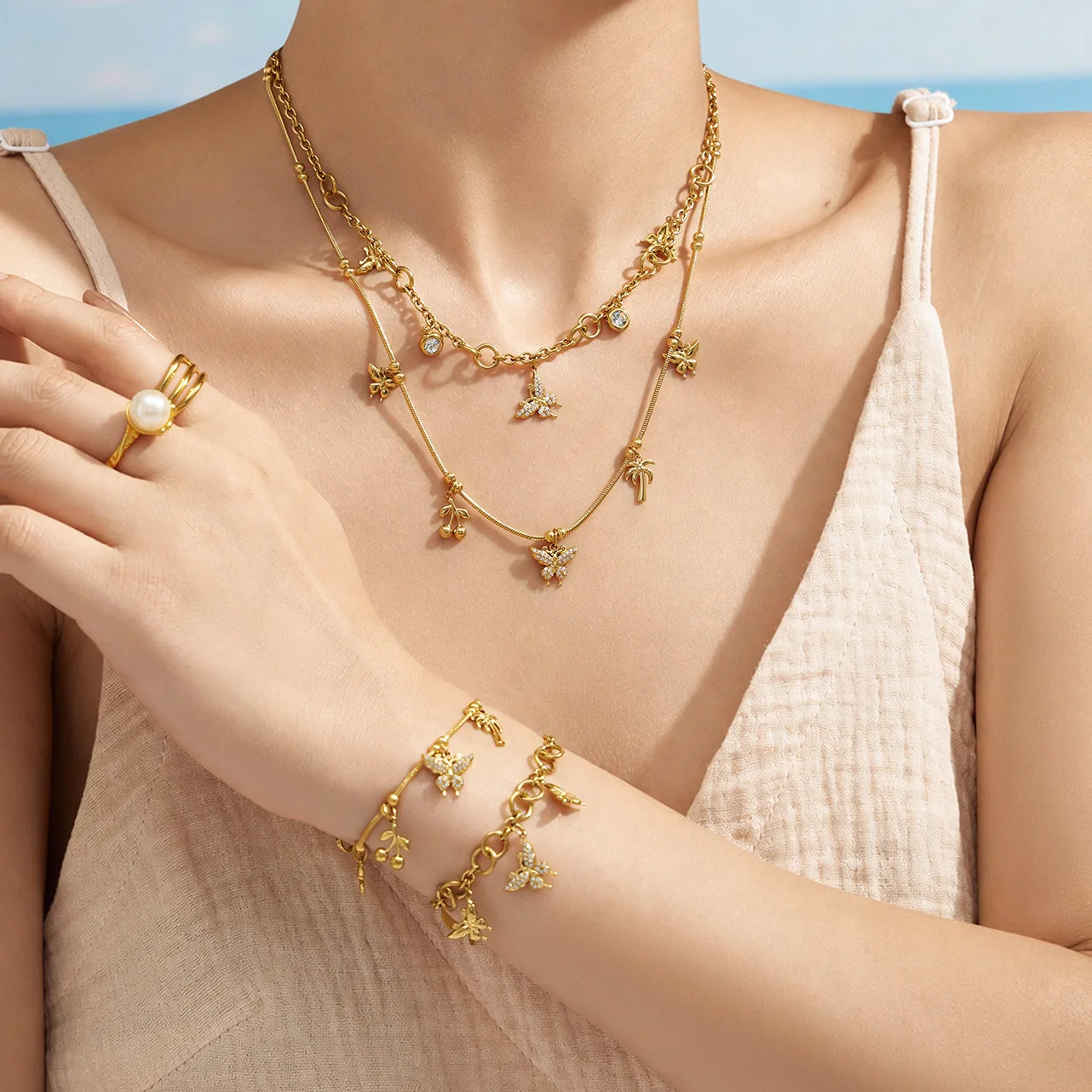 Delicate Butterfly Bead Pendant Necklace & Bracelet, 18K Gold Plated Stainless Steel, Minimalist Jewelry Gift for Women