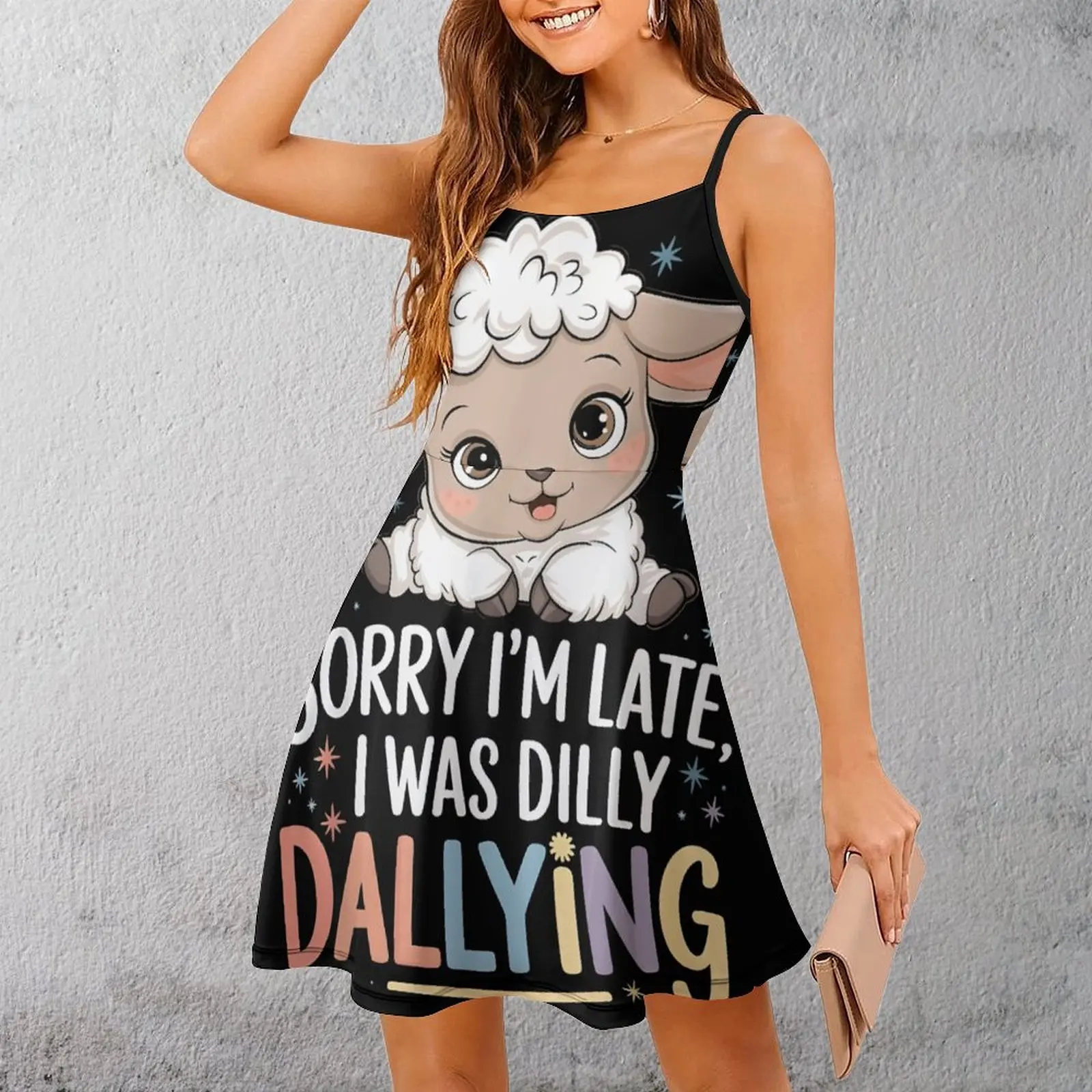 

Cute Sheep Dilly Dallying Creative Sexy Woman's Dress Women's Sling Dress Humor Graphic Parties Strappy Dress