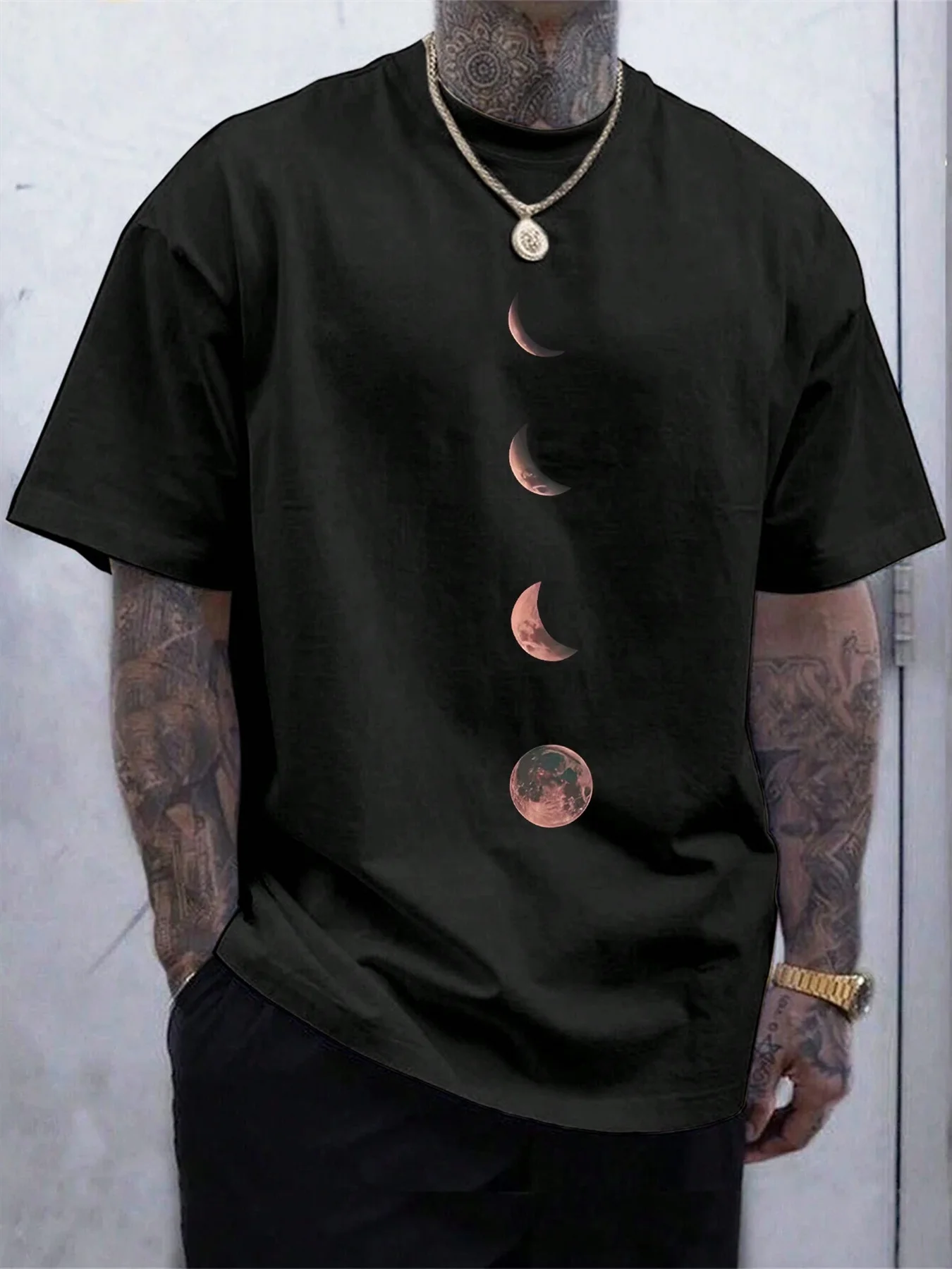 Summer men's 100% pure cotton casual loose size Moon Pattern printed sports comfortable round neck short sleeved T-shirt top