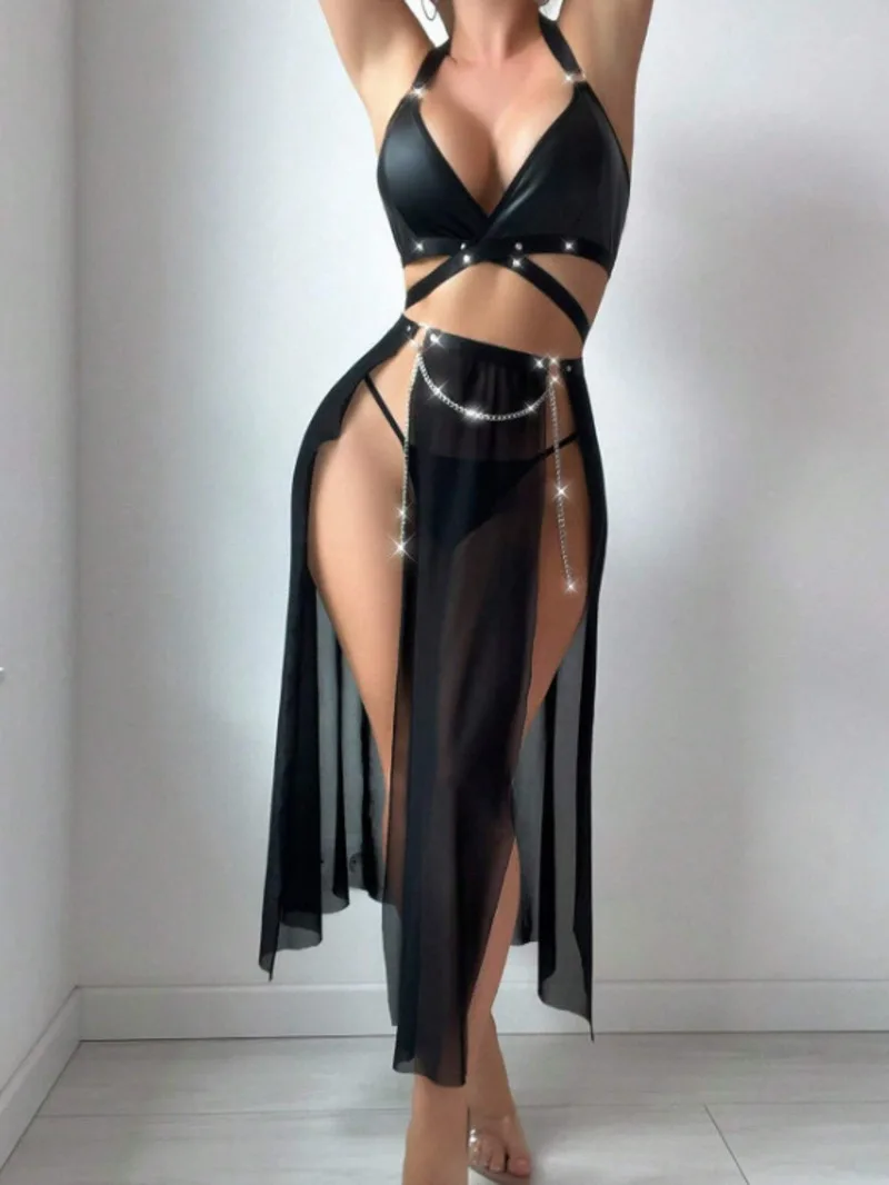 

Сексуальный сетчатый комплект из лакированной кожи с открытой спиной, черный топ с лямкой на шее, прозрачная макси-юбка с высоким разрезом и сверкающей юбкой-цепочкой 1JZN