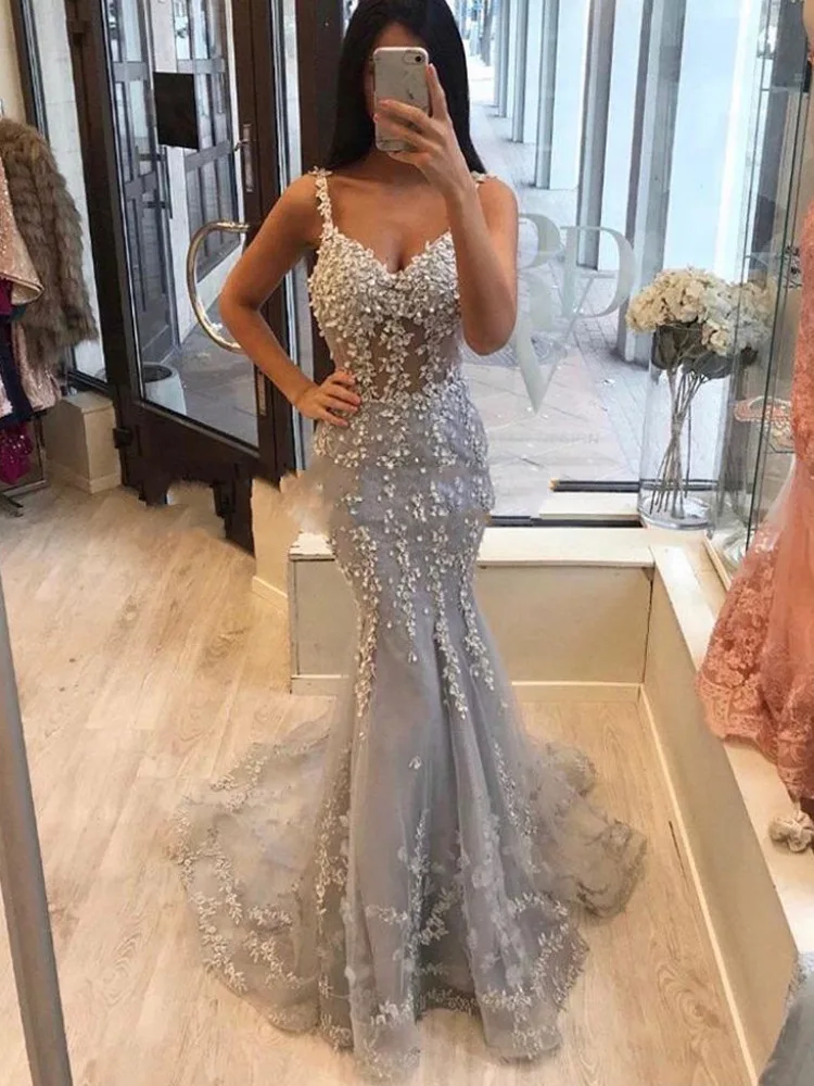 

GUXQD Grey Mermaid Women Evening Dresses Spaghetti Straps Appliques Prom Party Gowns Formal Vestido De Noche robes de soirée