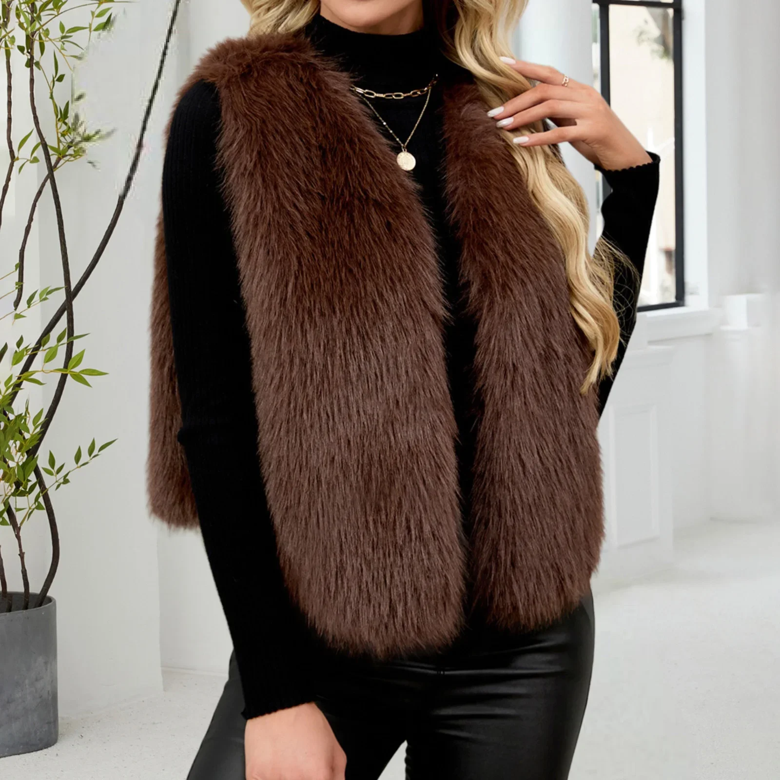 

Womens Faux Fur Vest Coat Luxury Plush Outerwear Sleeveless Open Front Solid Color Spring Autumn Fashion