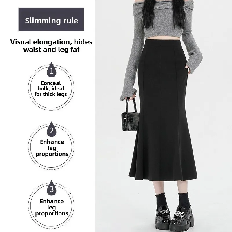 Black Woolen  Skirt Women's Autumn Winter A-Line Fish Tail Skirt High Waist Polyester Fiber Standard Fit Mid-Length Skirt