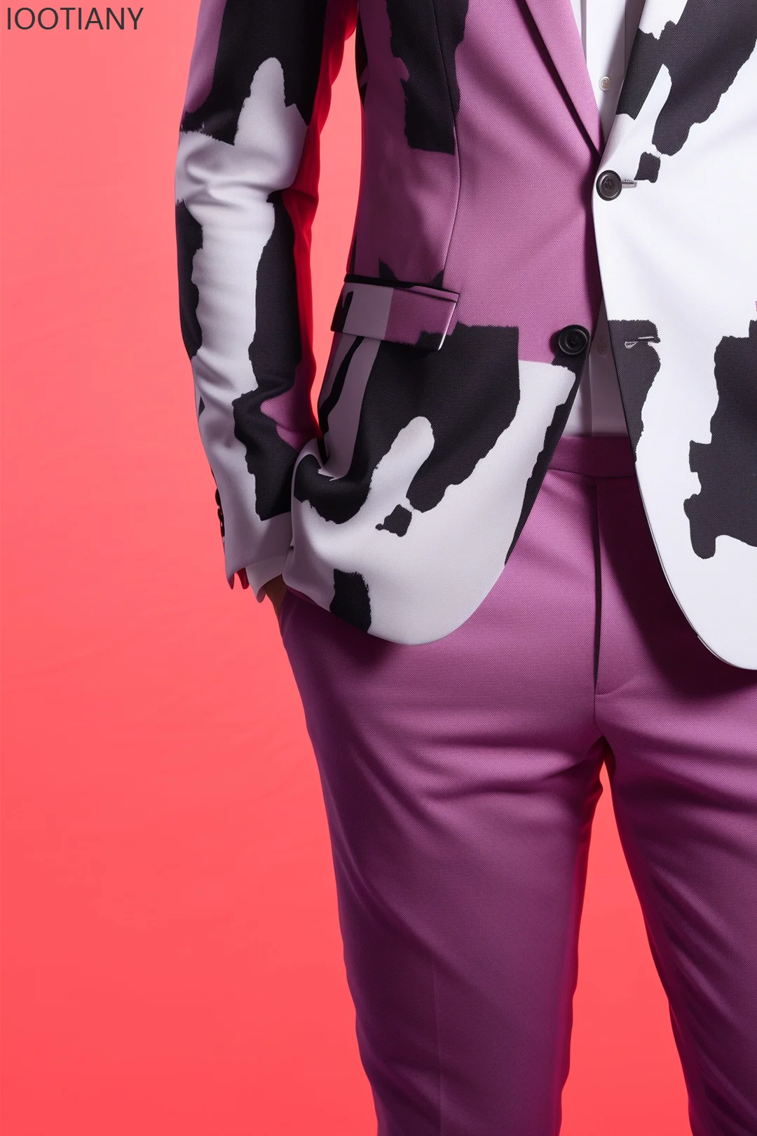 2025 New Fashion Men's Long-sleeved Pink Cow Pattern Printed Suit Casual Slim Fit Daily Work Nightclub Bar Performance Costumes