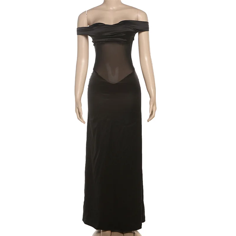 Sheer Mesh Patchwork Glossy Satin Bodycon Maxi Party Dress Women Sexy Off Shoulder Sleeveless Backless Slim Evening Long Robe