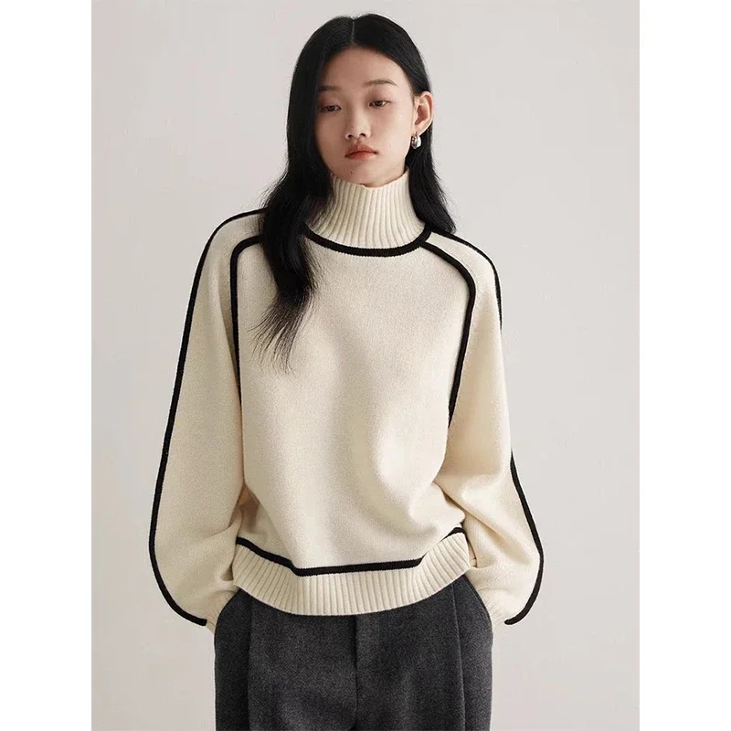 MEXZT Vintage Striped Sweater Women Patchwork Knitted Pullovers Korean Half High Neck Knitwear Winter Long Sleeve Loose Jumpers