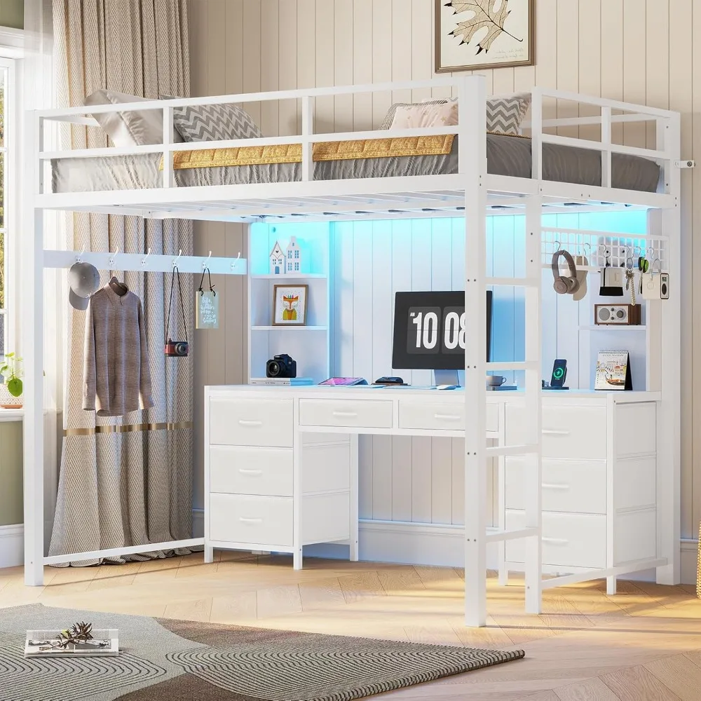 Full Size Loft Bed with Desk and 8 Storage Drawers, Metal Loft Bed Full with LED Lights & Charging Station, LED Loft Bed