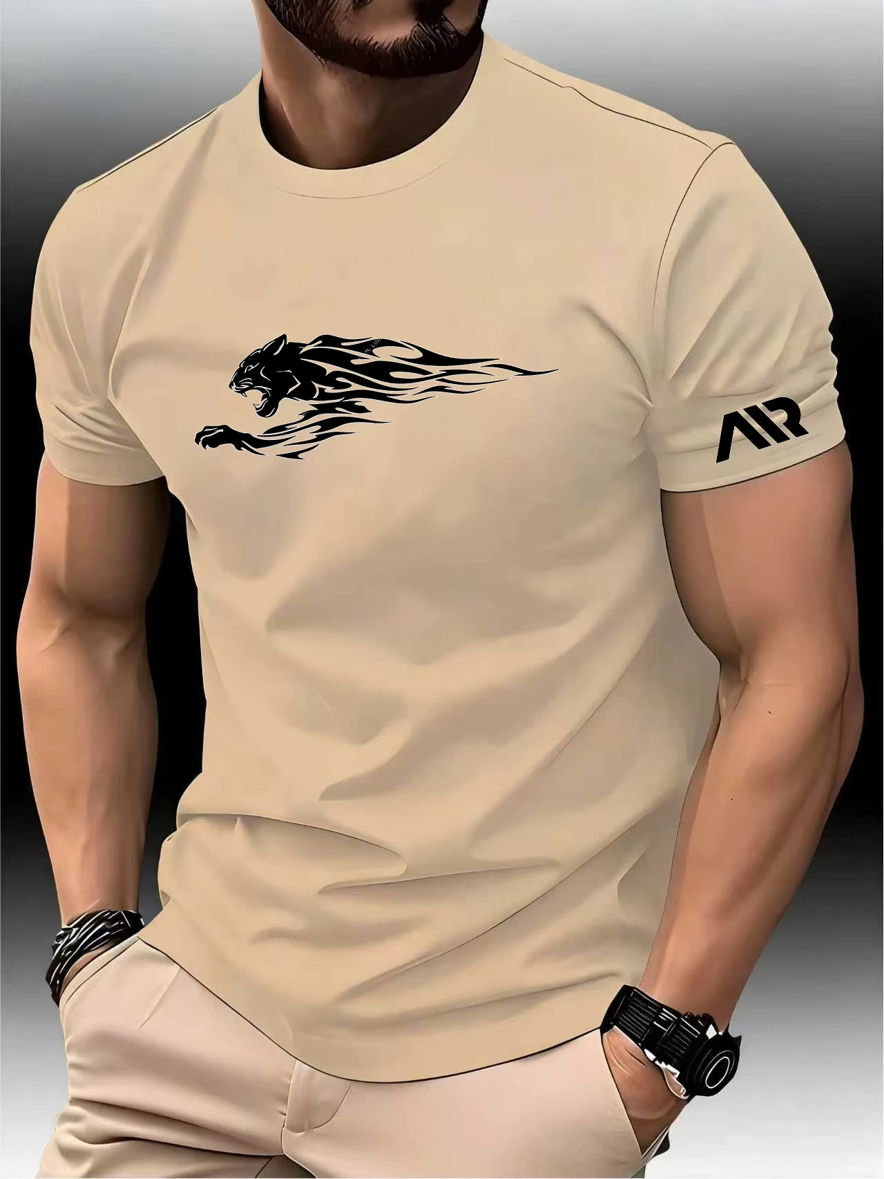 Men's Quick Dry Sport T-Shirt Tiger Print AIR Letter Breathable Gym Running Fitness Short Sleeve Tops t shirts