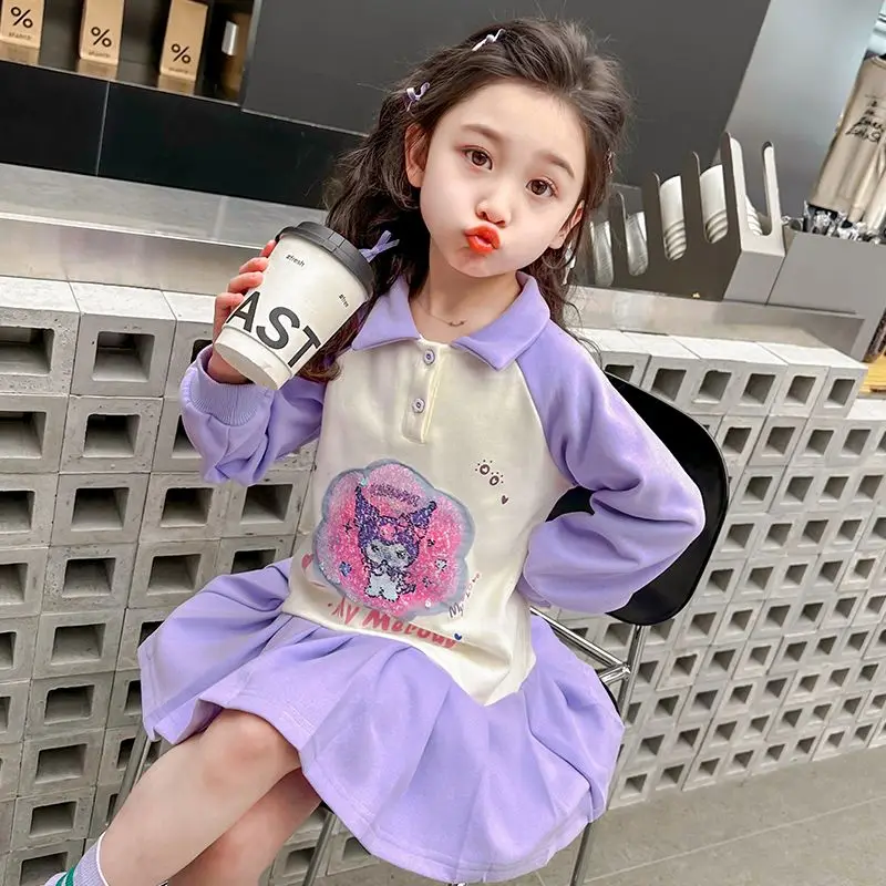 Anime Sanrios Jurk Met Lange Mouwen Kawaii Kuromi Meisje Schattige Preppy Rok Mode Geplooide Rok Schattige Prinsessenrok Kinderkleding