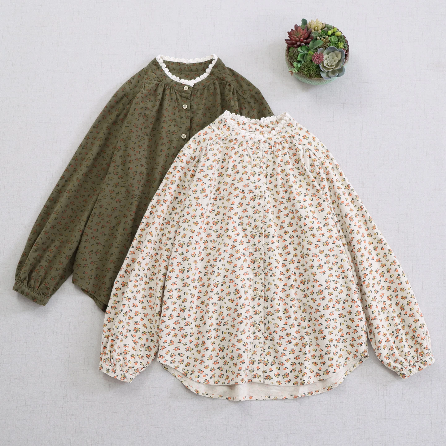 

Japanese Mori Girl Vintage Floral Printed Brushed Cotton Shirts Women Spring Autumn Stand Collar Long Sleeve Casual Blouse Tops