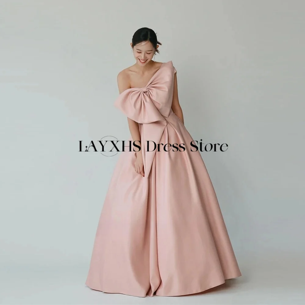

Elegant Peach One Shoulder Evening Dresses A Line Korea Photoshoot with Bow Soft Satin Formal Party Dress Customized Bridal Gown
