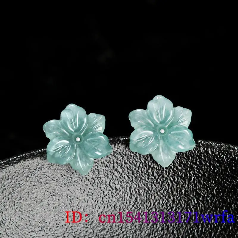 Blue Myanmar Jade Flower Earrings Amulet Charm Real Burmese Jadeite Natural Jewelry Ear Studs Emerald 925 Silver Gemstone