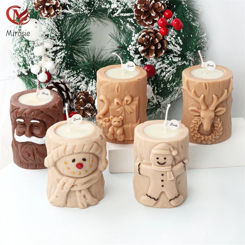 

Mirosie Silicone Stump Christmas Candle Mold Gingerbread Man Santa Snowman Deer Gift Box Aromatherapy Candle Holder Mold