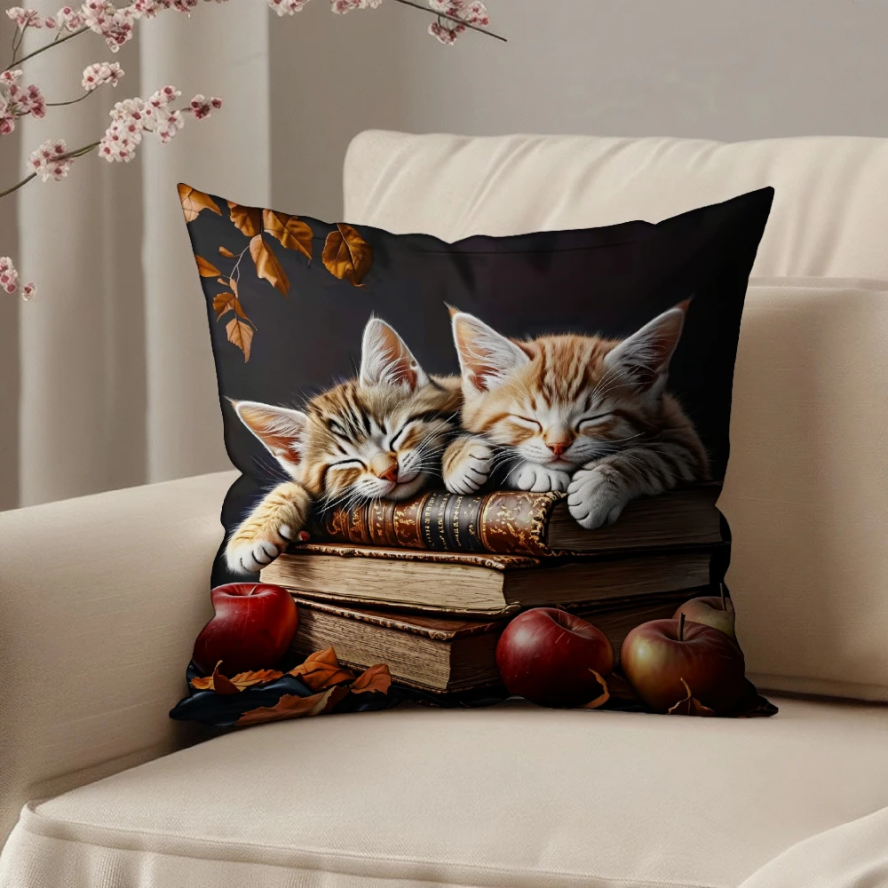 Square Throw Pillow Case Black Sleeping Kittens On Books With Apples And Autumn Leaves Print For Sofa Bedroom Living Room Home D
